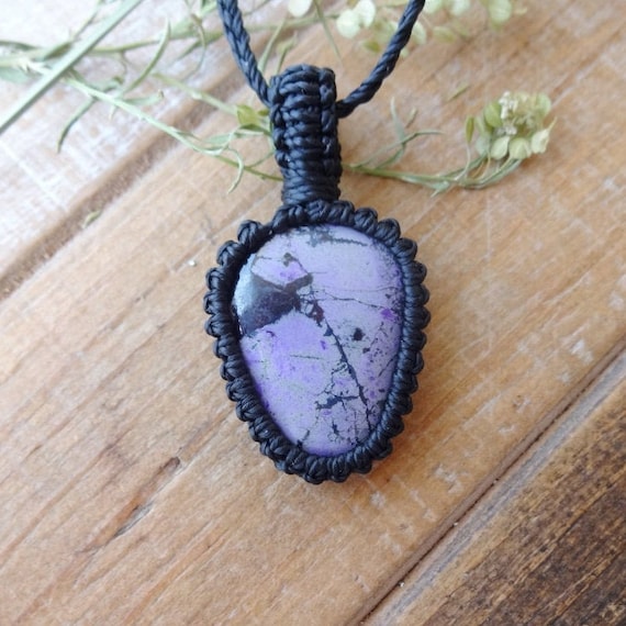 Purple Sugilite Macrame Necklace / Heart Chakra  Yoga Teacher Gift Spiritual Amulet