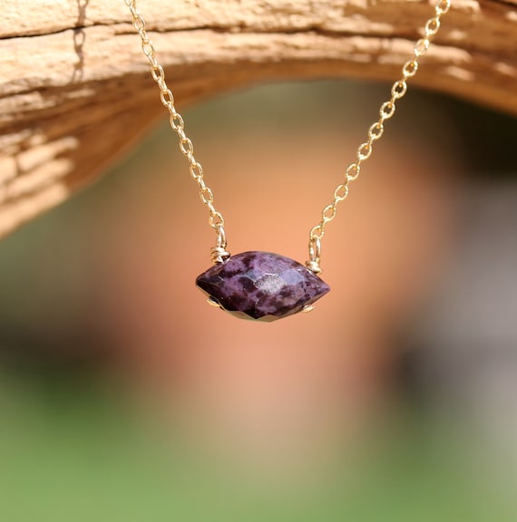 Sugilite Necklace, Purple Stone Necklace, Marquis Stone, Purple Crystal Necklace, Purple Sugilite Wire Wrapped Onto A 14k Gold Filled Chain