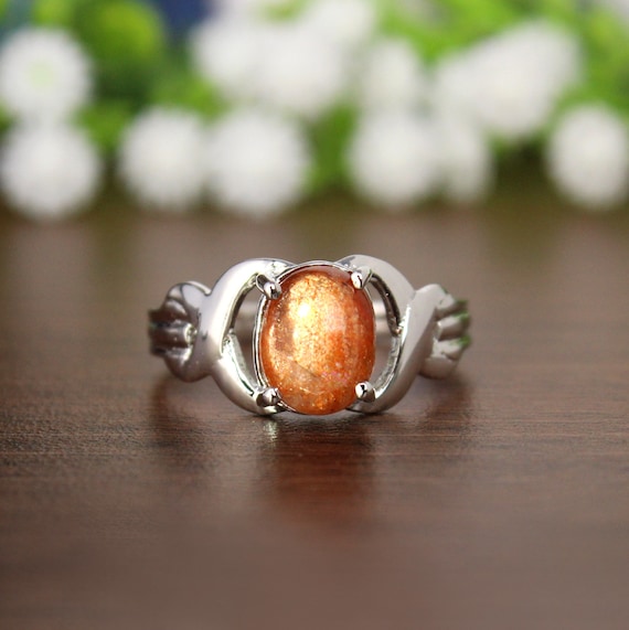 Shimmer Sunstone Silver Ring, Sunstone Fine Ring, Healing Stone Ring, Inner Earth Jewelry, Sunstone Bohemian Ring, Silver Tribal Jewelry