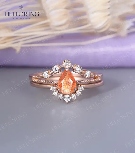 Unique African Sunstone Engagement Ring Set Rose Gold Art Deco Prong Set Ring Set Milgrain Diamond Moissanite Ring Set Anniversary Ring Set