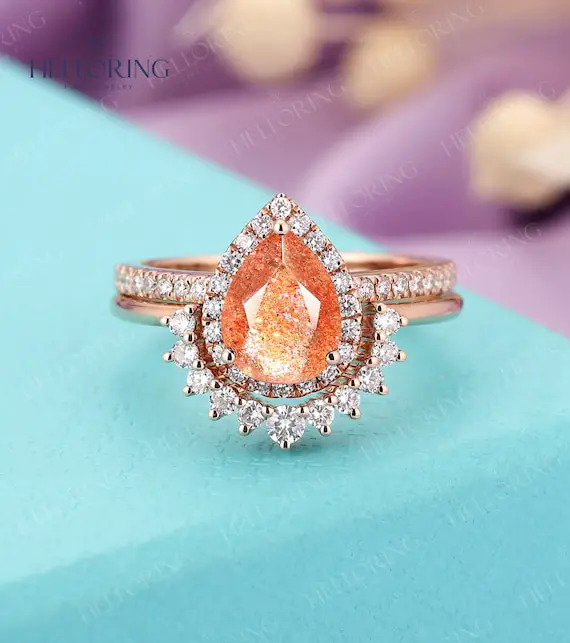 Vintage African Sunstone Engagement Ring Set Rose Gold Pear Cut Wedding Ring Halo Half Eternity Diamond Moissanite Band Bridal Anniversary