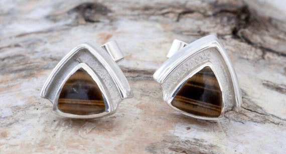 Tiger Eye Earrings - Triangle Stud Earrings - Sterling Silver Stud Earrings - Gemstone Stud Earrings - Handmade - Tiger Eye