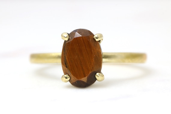 Tiger's Eye Gemstone Ring · Solitaire Gem Ring · Gemstone Stacking Ring · 18k Vermeil Stone Ring · Real Stone Ring Gold