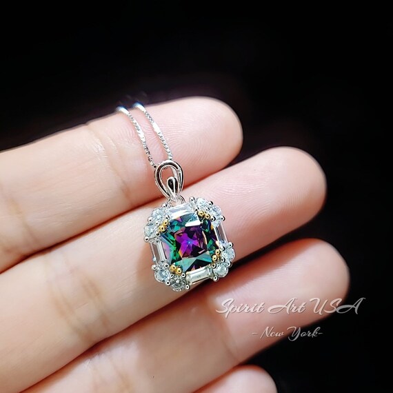 Dainty Cushion Mystic Topaz Necklace - Sterling Silver Gemstone Square Halo Solitaire Royal Rainbow Topaz Jewelry #173