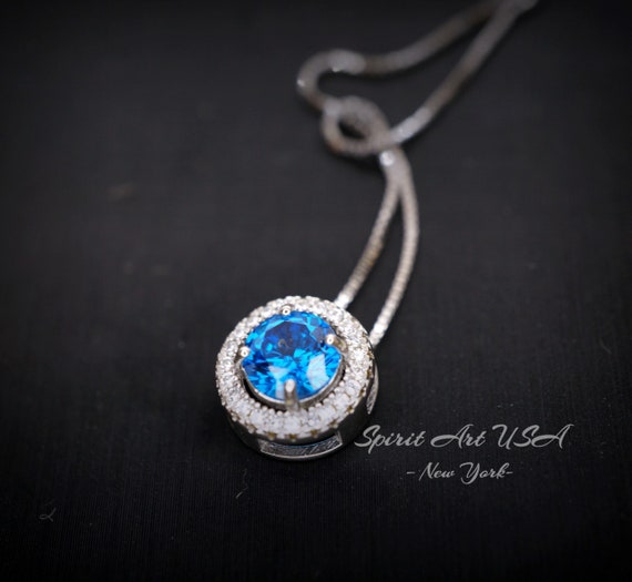 Tiny Blue Topaz Choker Necklace -  18kgp Halo Topaz Jewelry - Sterling Silver Circle Blue Gemstone  Pendant Gemstone Lucky Circle 062
