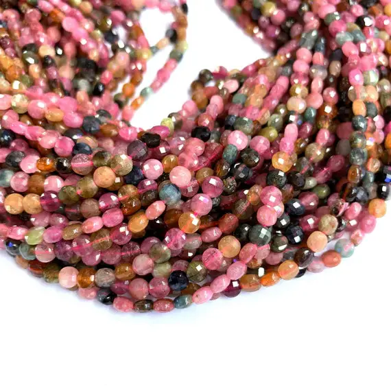 Natural Tourmaline Beads Micro Faceted Coin 4mm 6mm, Water Melon Tourmaline Round Disc Beads, Small Pink Green Yellow Blue Gemstones Spacers