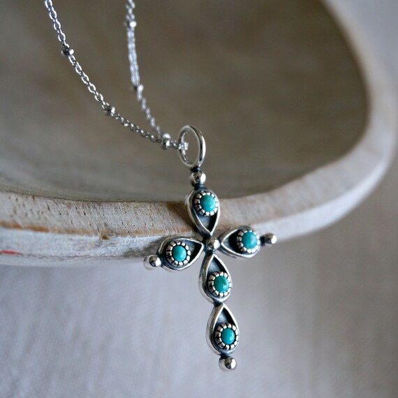 Giulia Sterling Silver Cross Pendant Necklace December Birthstone Genuine Turquoise Jewelry Native America Jewelry For Women Unique Gift