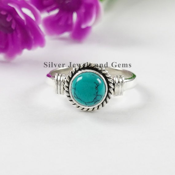 Round Turquoise Ring, Handmade Ring, 925 Sterling Silver Ring, Natural Turquoise Designer Ring, Birthstone Ring, Promise Ring, Boho Ring