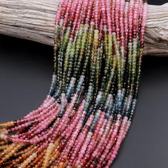 Aaa Natural Multicolor Watermelon Tourmaline Micro Faceted 3mm 4mm Rondelle Beads Pink Green Blue Cognac Gemstone 15.5" Strand