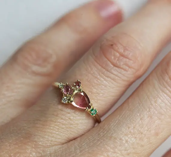 Watermelon Tourmaline Cluster Ring, Unique Engagement Ring, Pink Gemstone Wedding Ring, Bicolor Ring
