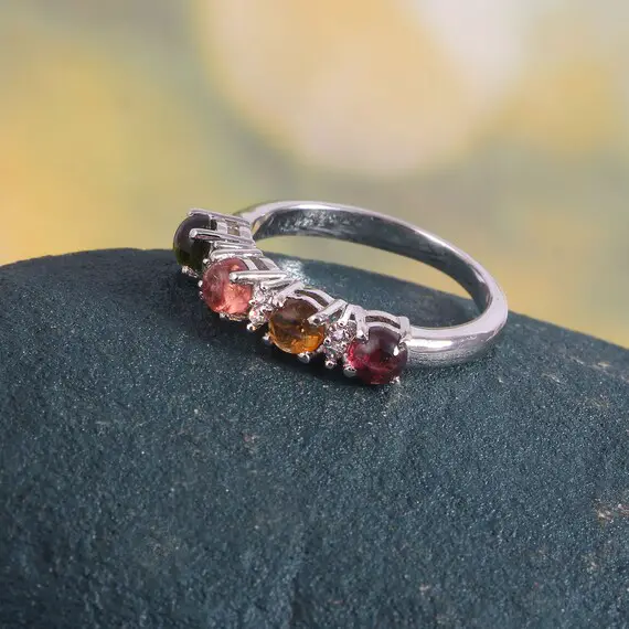 Watermelon Tourmaline Ring, Dainty Art Deco Ring, Delicate Statement Ring, Half Eternity Ring, 925 Sterling Silver, Handmade Ring For Women