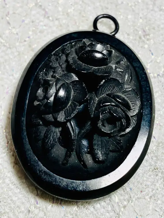 Victorian Whitby Jet Black Rose Mourning Pendant. Era 1830-1880. Rare Find. Collectors Item. Gift For Her.