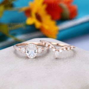 Shop White Sapphire Jewelry! 2PCS White sapphire engagement ring rose gold Unique engagement ring vintage Marquise moissanite/diamond wedding Bridal Promise gift for her | Natural genuine White Sapphire jewelry. Buy handcrafted artisan wedding jewelry.  Unique handmade bridal jewelry gift ideas. #jewelry #beadedjewelry #gift #crystaljewelry #shopping #handmadejewelry #wedding #bridal #jewelry #affiliate #ad
