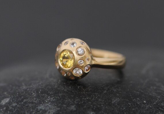 Yellow Sapphire Cluster Ring In 18k Gold, Yellow Gem Engagement Ring