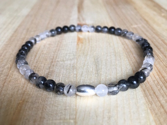 4mm Tourmalinated Quartz Stretch Bracelet With Sterling Silver Tube Bead
