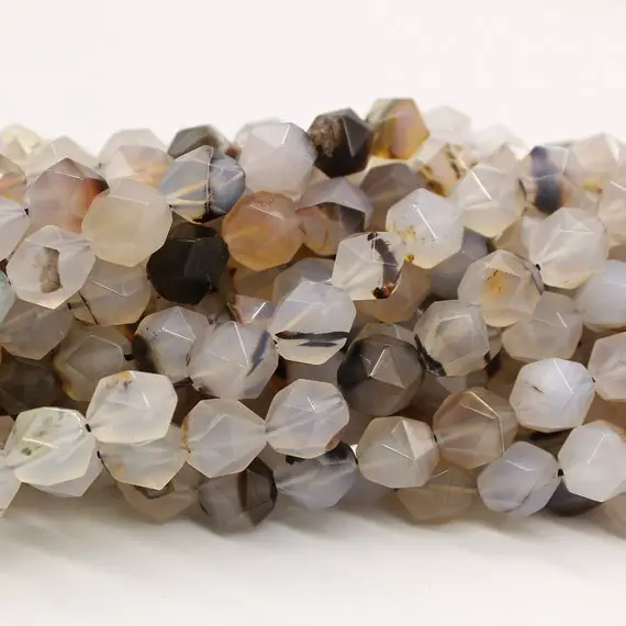 6/8/10mm Natural Black White Agate Faceted Star Cut Nugget Beads, Full Strand, Wholesale
