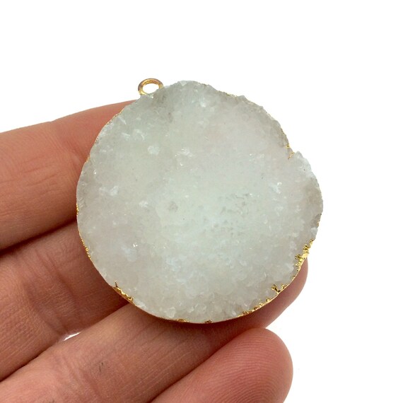 Large Gold Electroplated Natural Druzy Agate  Faceted Round/coin Shaped Pendant - Measures 35-40mm Approx. - Sold Individually, Random