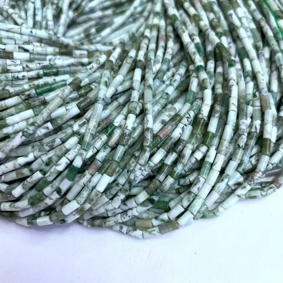Natural Tree Agate Tube Beads 4x2mm, Small Green Agate Round Tube Beads, Green Gemstone Beads, Tube Spacers For Bracelet Necklace Earring
