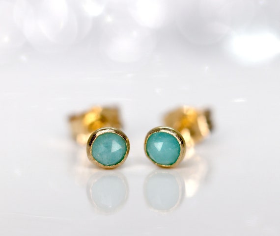 Amazonite Stud Earrings, Tiny Greeny-blue Amazonite Earrings,  Minimalist 3mm Amazonite Studs, Silver Or Gold Stacking Earrings