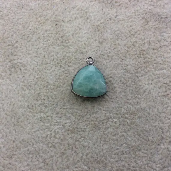 Gunmetal Plated Natural Amazonite Faceted Triangle Shaped Copper Bezel Pendant - Measures 14mm X 14mm - Sold Individually, Random