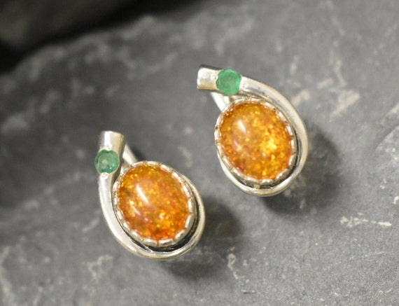 Yellow Amber Earrings, Natural Amber, Yellow Studs, Natural Emerald, Unique Pear-shaped Earrings, Silver Amber Earrings,  Adina Stone