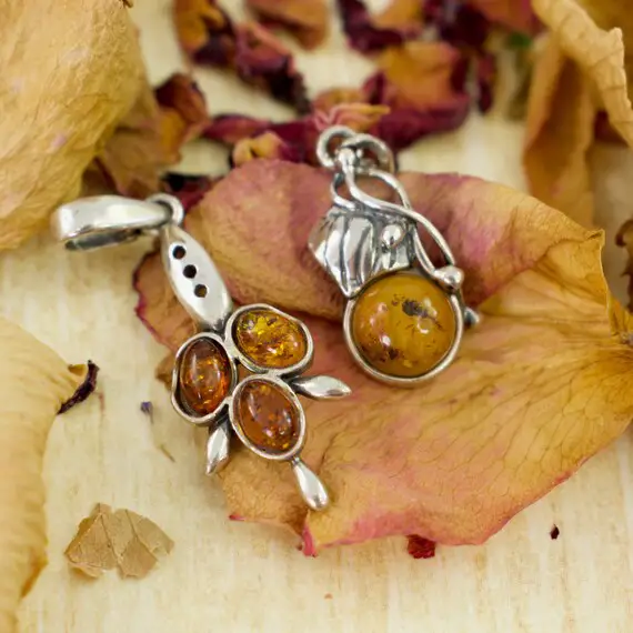 Golden Amber Leaf Pendants // Amber Jewelry // Amber Pendant // Silver Jewelry // Sterling Silver // Village Silversmith