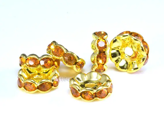 Crystal Bead Caps - Gold Tone Spacer Beads - Amber Color Rondelle Beads - Wavy Edge Separator - Craft Making Beads - Size 4-12mm -100pcs