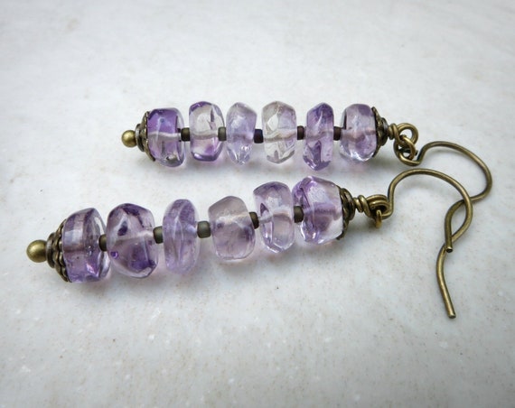 Rustic Amethyst Dangle Earrings, Purple And Gold Amethyst Crystal And Antiqued Brass Bohemian Jewelry, February Birthstone