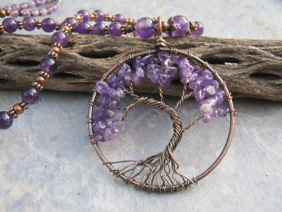 24" Amethyst Tree Of Life Necklace, Wire Wrapped Pendant, Antiqued Copper Beaded Necklace, Tribal Jewelry, Purple Gemstone Jewelry