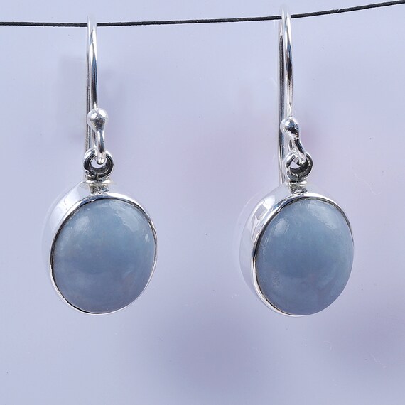 Large 10x12 Mm Pale Blue Angelite Gemstone & Sterling Silver Drop Earrings, Oval Angelite Gemstone Earring, Women Earring, Gift For Her
