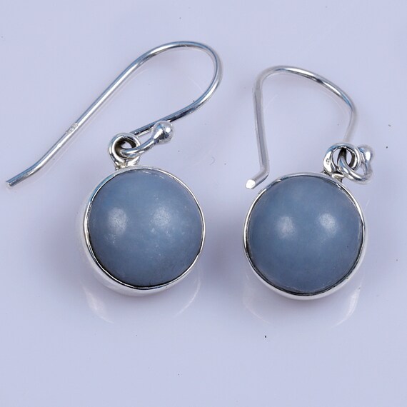 Natural Angelite Earring, Light Blue Crystal Earring, 925 Solid Silver Earring, Handmade Round Earring, Anniversary Gift, Boho Earring