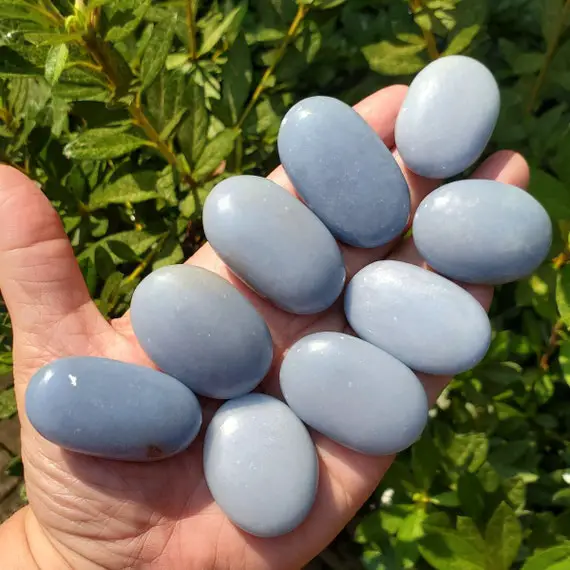 Blue Angelite Crystal Palm Stones For Angel And Spirit Guide Communication, Angelite For Chakra Alignment, Healing Stones And Crystals