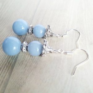 Shop Angelite Earrings! Beaded angelite dangling ear rings, gift for her, birthday gift, light blue crystal ear rings | Natural genuine Angelite earrings. Buy crystal jewelry, handmade handcrafted artisan jewelry for women.  Unique handmade gift ideas. #jewelry #beadedearrings #beadedjewelry #gift #shopping #handmadejewelry #fashion #style #product #earrings #affiliate #ad