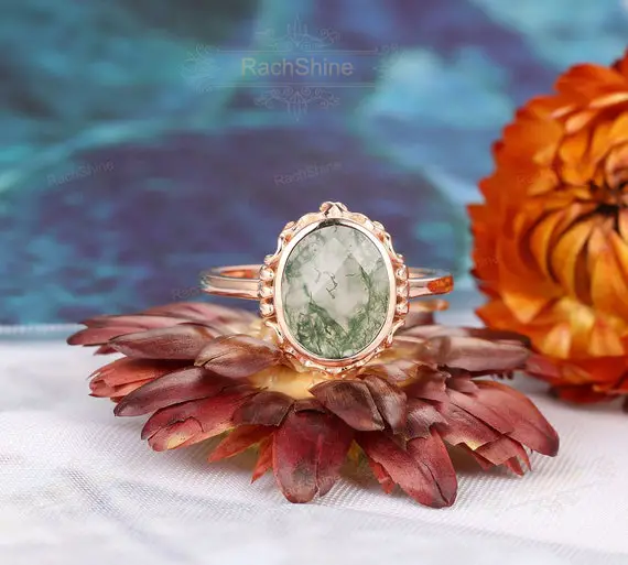 Antique Engagement Ring/ Solid 10k Gold Agate Ring/ Oval Cut 8x10mm Moss Agate Ring/ Art Deco Anniversary Ring/ Unique Ring/ Handmade Ring