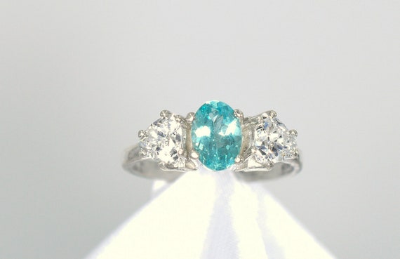 Apatite Ring, 7x5 Mm Genuine Gemstone Faceted Oval Shape, 2-5mm Cz Trillions, Set In 925 Sterling Silver Fancy Shank Mounting