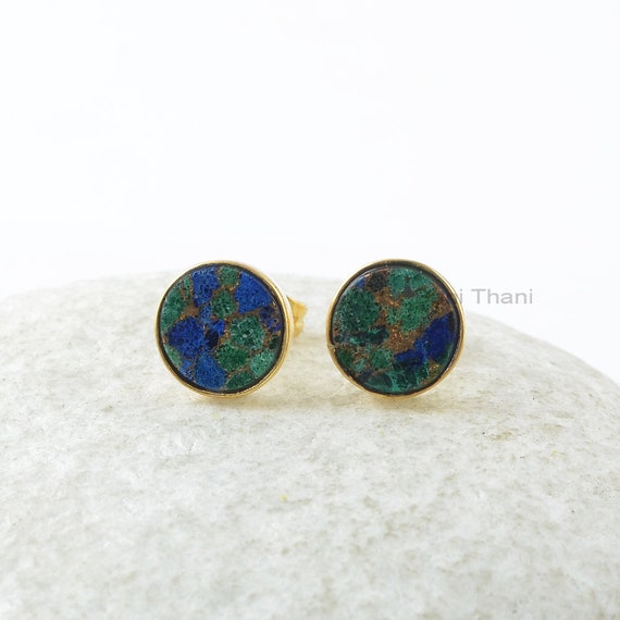 Azurite Studs Earrings - 925 Pure Silver - Flat Round - Handcrafted Studs - Natural Stone Jewelry - Gift For Graduate - Jewelry For Designer