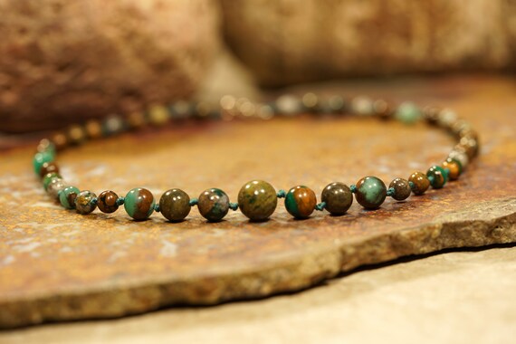 Green Azurite Choker • Green Azurite Necklace • Gift For Him • Knotted Choker Necklace • Gift For Her • Bead Jewelry • 3670