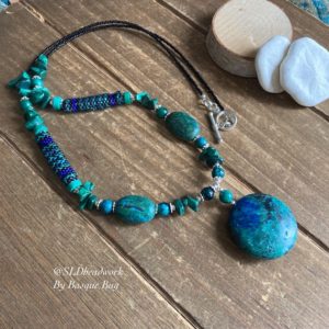 Shop Azurite Jewelry! Azurite necklace malachite seed beaded tribal necklace natural stone pendant bead peyote beads boho blue green unique long jewelry for women | Natural genuine Azurite jewelry. Buy crystal jewelry, handmade handcrafted artisan jewelry for women.  Unique handmade gift ideas. #jewelry #beadedjewelry #beadedjewelry #gift #shopping #handmadejewelry #fashion #style #product #jewelry #affiliate #ad