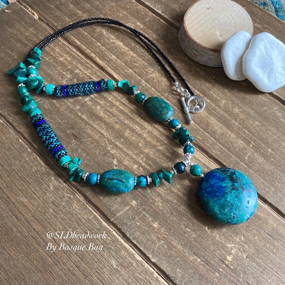 Azurite Necklace Malachite Seed Beaded Tribal Necklace Natural Stone Pendant Bead Peyote Beads Boho Blue Green Unique Long Jewelry For Women
