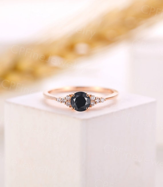 Black Onyx Engagement Ring Vintage Round Cut Rose Gold Diamond Ring Antique Moissanite Promise Ring Delicate Anniversary Bridal Women Gift