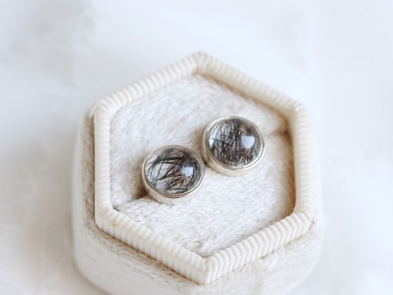 Black Rutilated Quartz Earrings, Tourmalinated Quartz Earrings, Stud Earrings, 8mm Round Cabochon Stud Earrings, Bezel Set Earrings