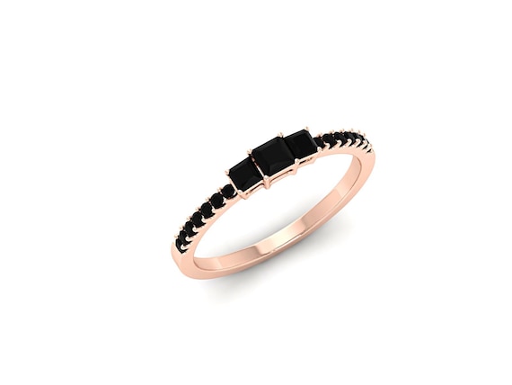 Black Stone Princess Cut Ring, Black Onyx Engagement Ring, Square Cut Wedding Band, Half Eternity Ring, 14k Rose Gold Promise Ring For Women