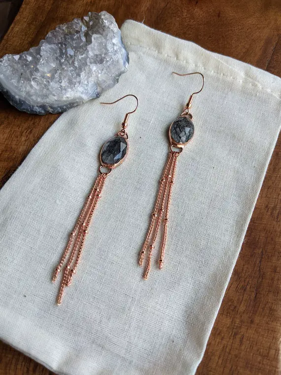 Black Tourmalinated Quartz Tassel Earrings | Electroformed Copper | Reckless Jewelry Co. | Rosecut Gemstone Handmade Jewelry