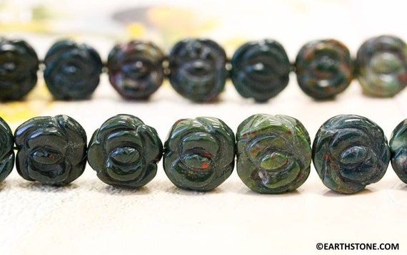 L/ Blood Stone 16-18mm Flower Beads 15.5" Strand Natural Dark Green Gemstone Beads For Crafts, Diy Jewelry Designs Making