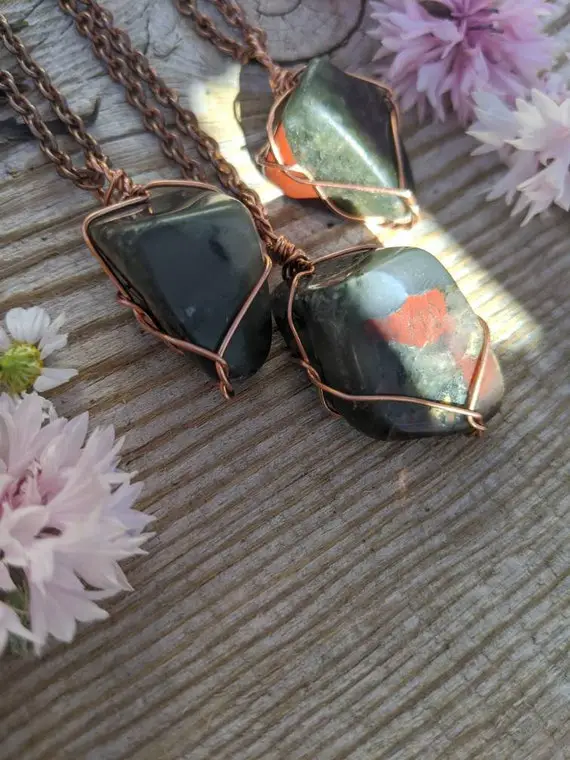 Natural African Bloodstone Polished Stone Pendant, Pure Copper, Sterling Silver, Bloodstone Necklace, Bloodstone Pendant, Crystal Pendant,