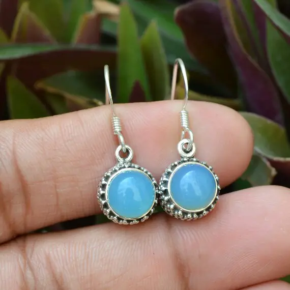 Blue Chalcedony Earrings, 925 Sterling Silver Earrings, Blue Chalcedony 8 Mm Round Gemstone Earrings, Handmade Earrings, Silver Earrings