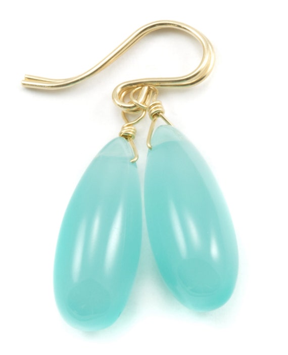 Aqua Blue Chalcedony Earrings 14k Solid Gold Or Filled Or Sterling Silver Long Teardrop Smooth Puffed Rounded Drops Soft Pale Simple Drops