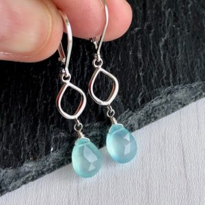 Shop Blue Chalcedony Jewelry! Chalcedony Earrings, Aqua Blue Chalcedony Teardrop Earrings in Gold or Silver, Elongated Simple Dangle Earrings, Summer Earrings Bridesmaids | Natural genuine Blue Chalcedony jewelry. Buy crystal jewelry, handmade handcrafted artisan jewelry for women.  Unique handmade gift ideas. #jewelry #beadedjewelry #beadedjewelry #gift #shopping #handmadejewelry #fashion #style #product #jewelry #affiliate #ad