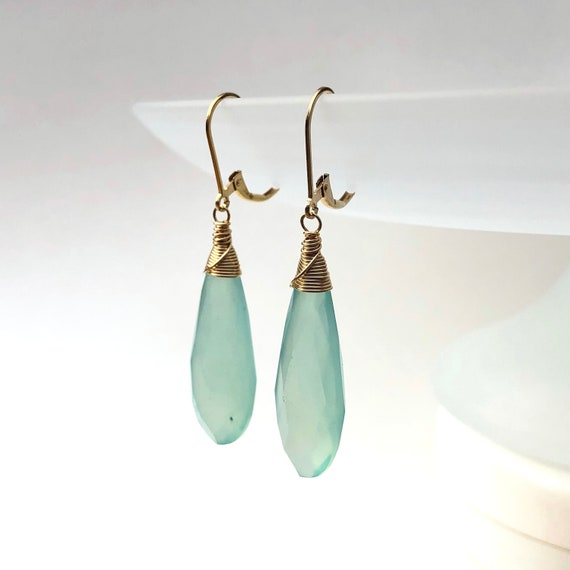 Blue Chalcedony Earrings Gold Filled Wire Wrap Natural Gemstones Long Dangle Drops Bohemian Statement Christmas Holiday Gift For Her 6523