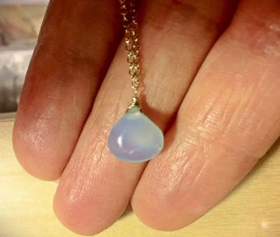 Blue Chalcedony Pendant Gold Necklace.  Pale Blue Drop.  Tiny Blue Stone.  Milky White.  Gemstone Delicate Jewelry.